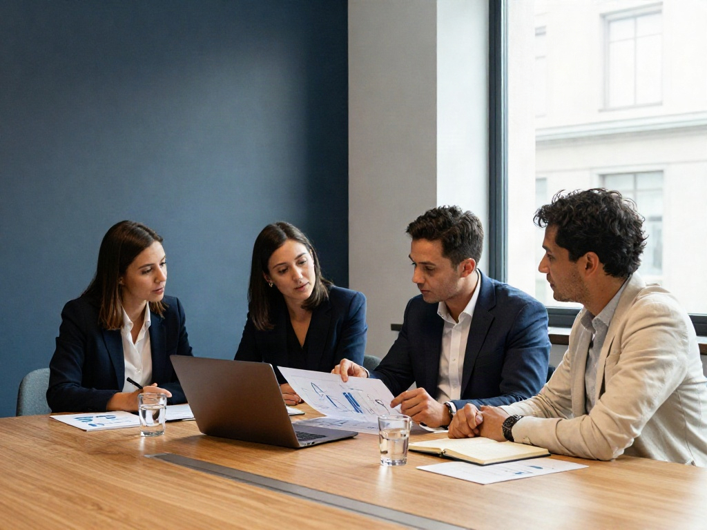 A small leadership team discussing charts and business priorities around a meeting table